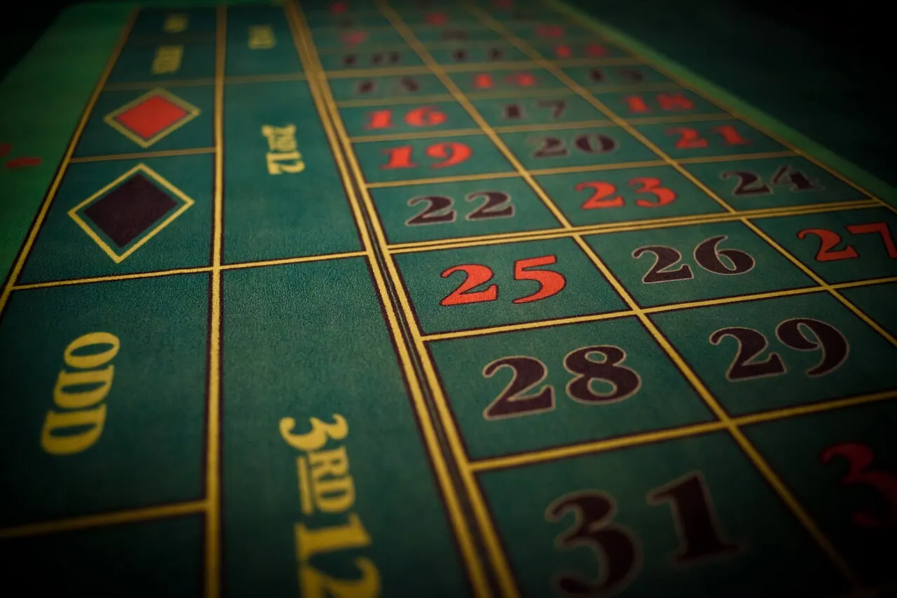 The numbered layout of a roulette table