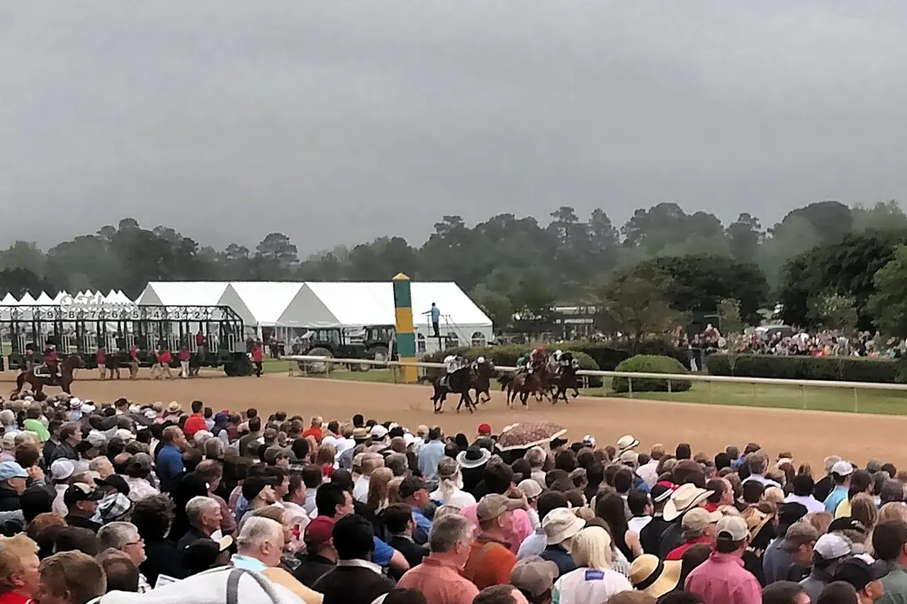 Horses racing past a packed grandstand