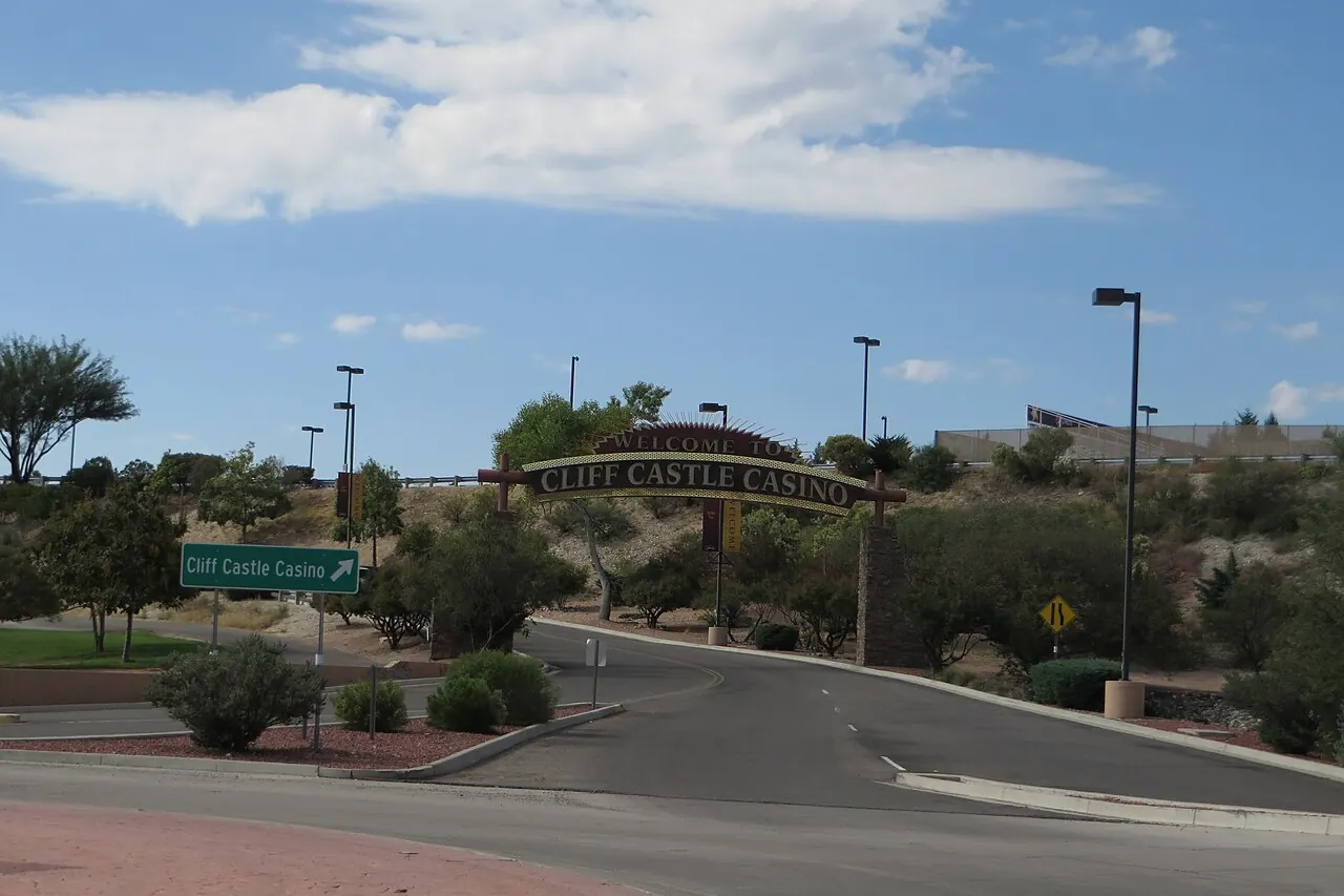 An access road running towards a low casino building